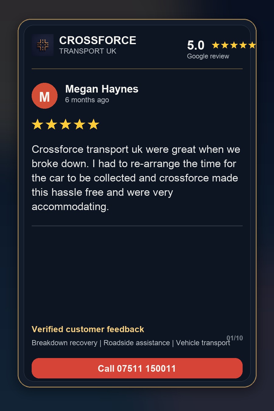Megan Haynes 5-star Google review for Crossforce Transport UK