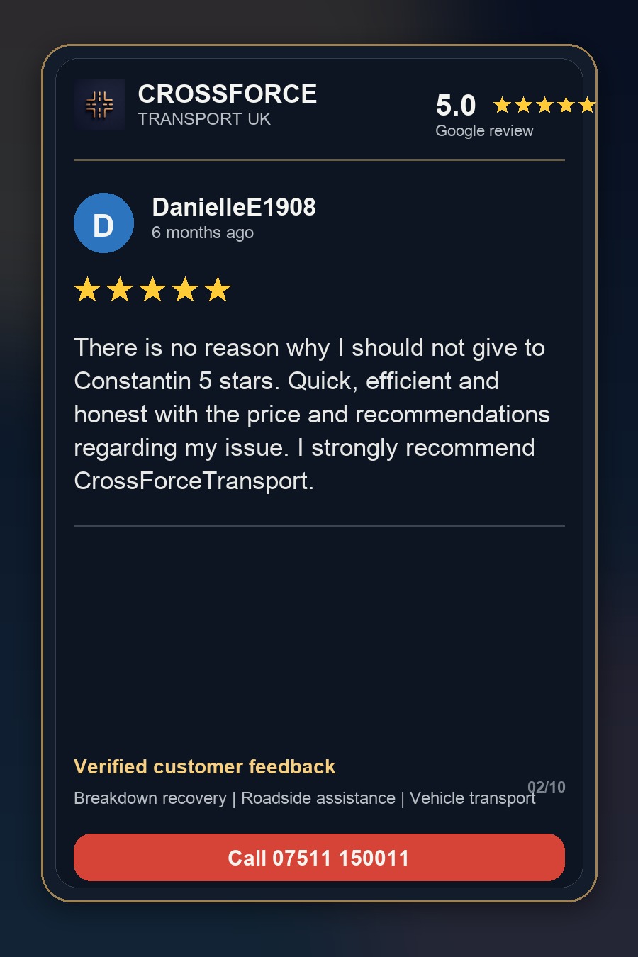 DanielleE1908 5-star Google review for Crossforce Transport UK