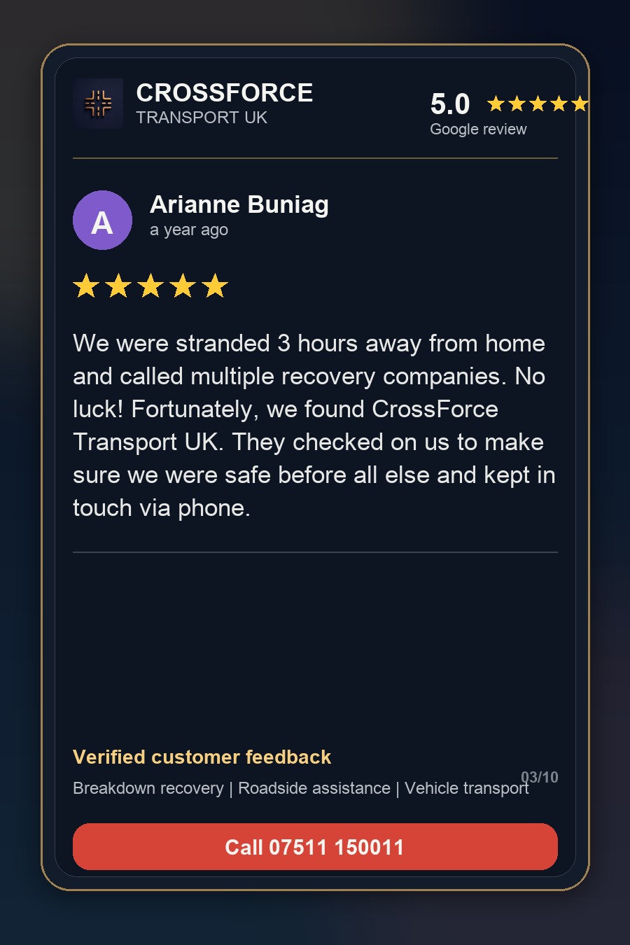 Arianne Buniag 5-star Google review for Crossforce Transport UK
