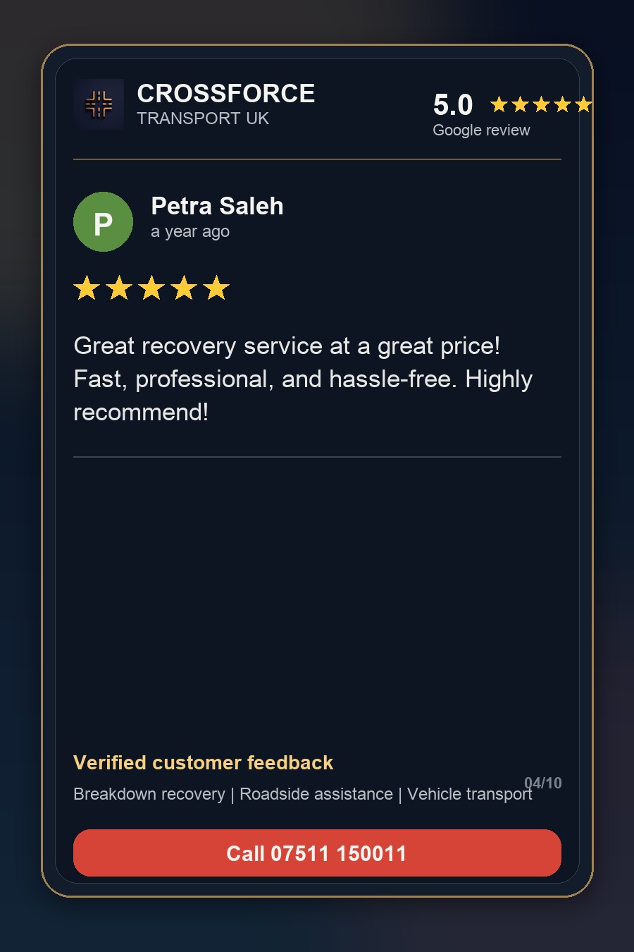 Petra Saleh 5-star Google review for Crossforce Transport UK