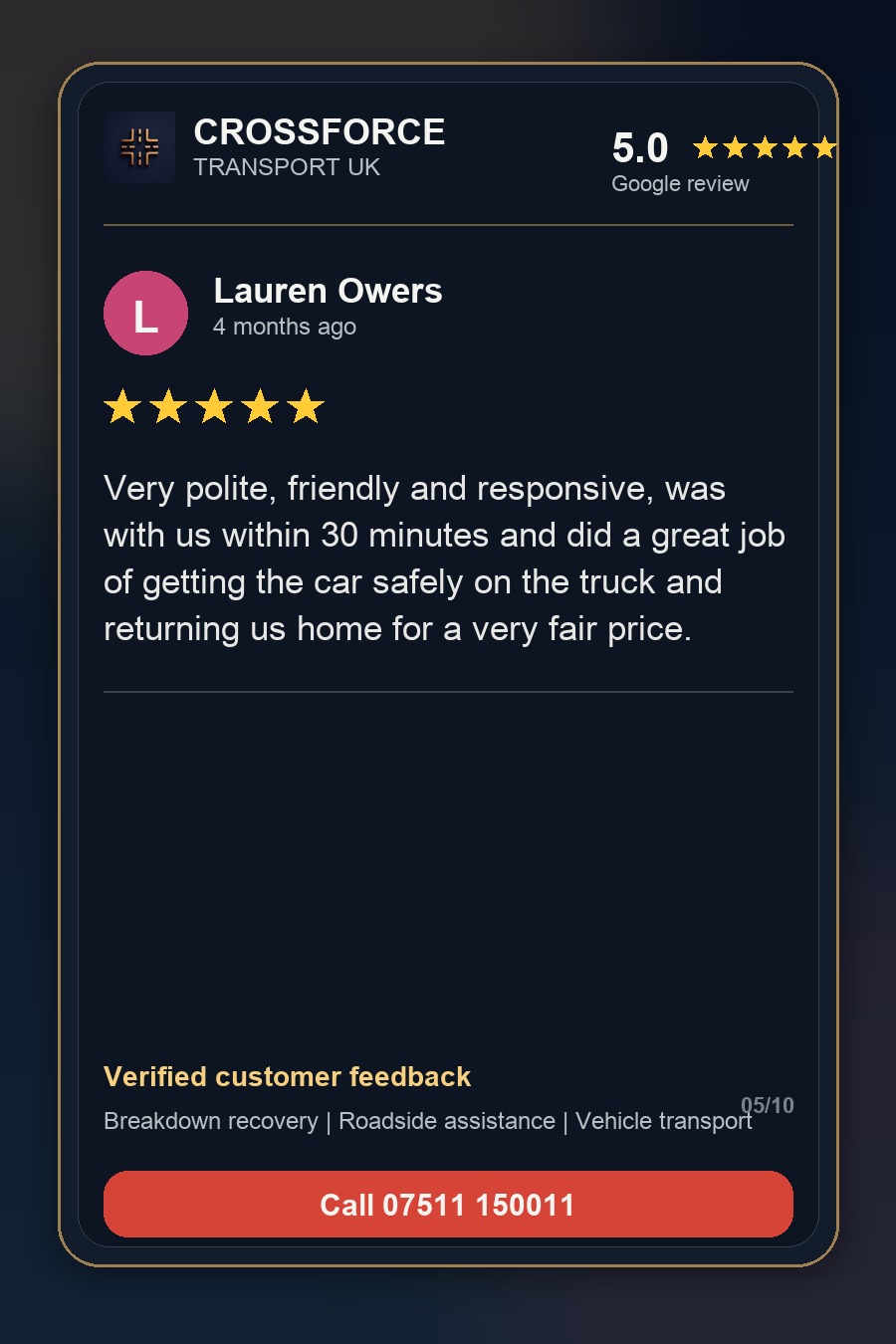 Lauren Owers 5-star Google review for Crossforce Transport UK