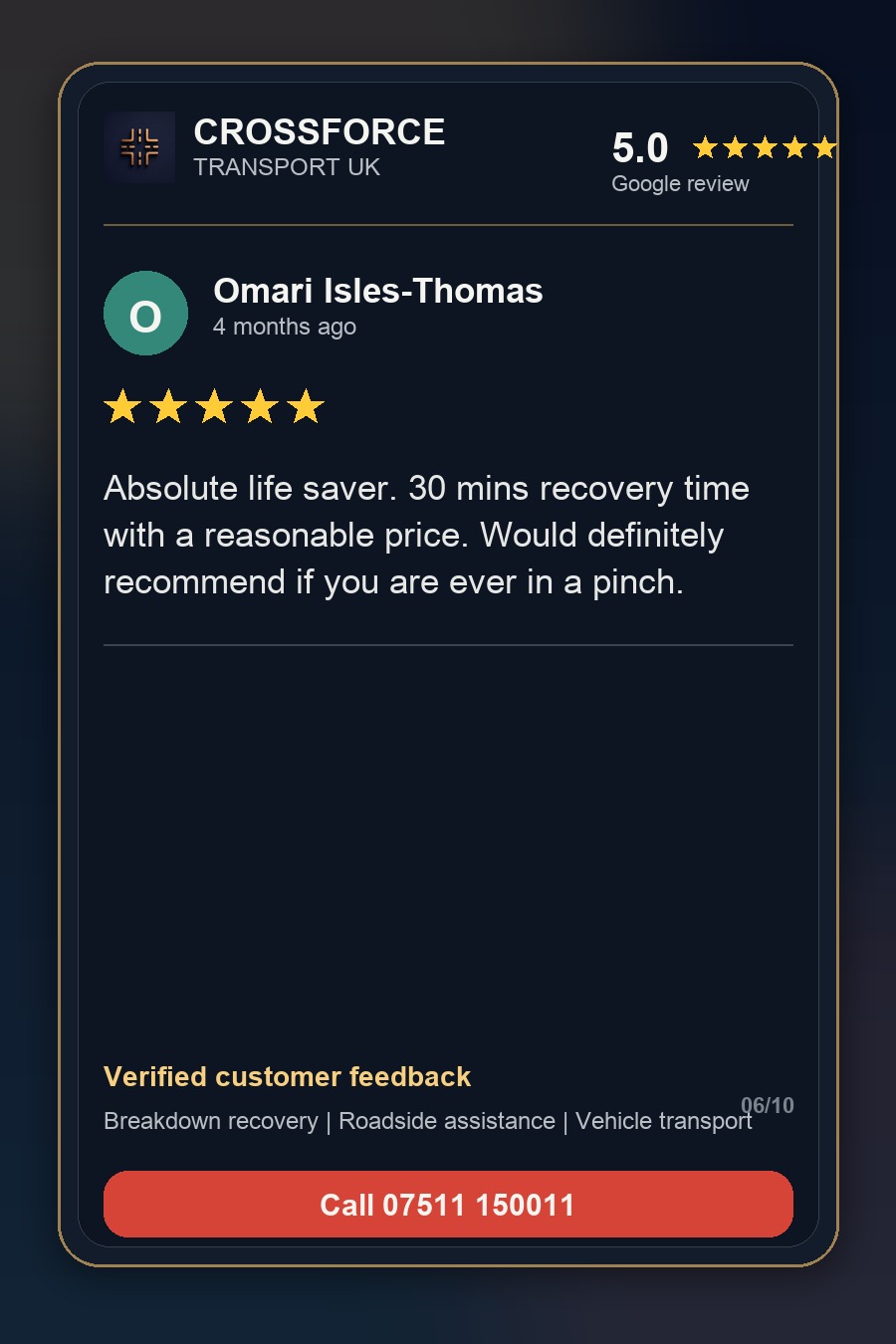 Omari Isles-Thomas 5-star Google review for Crossforce Transport UK