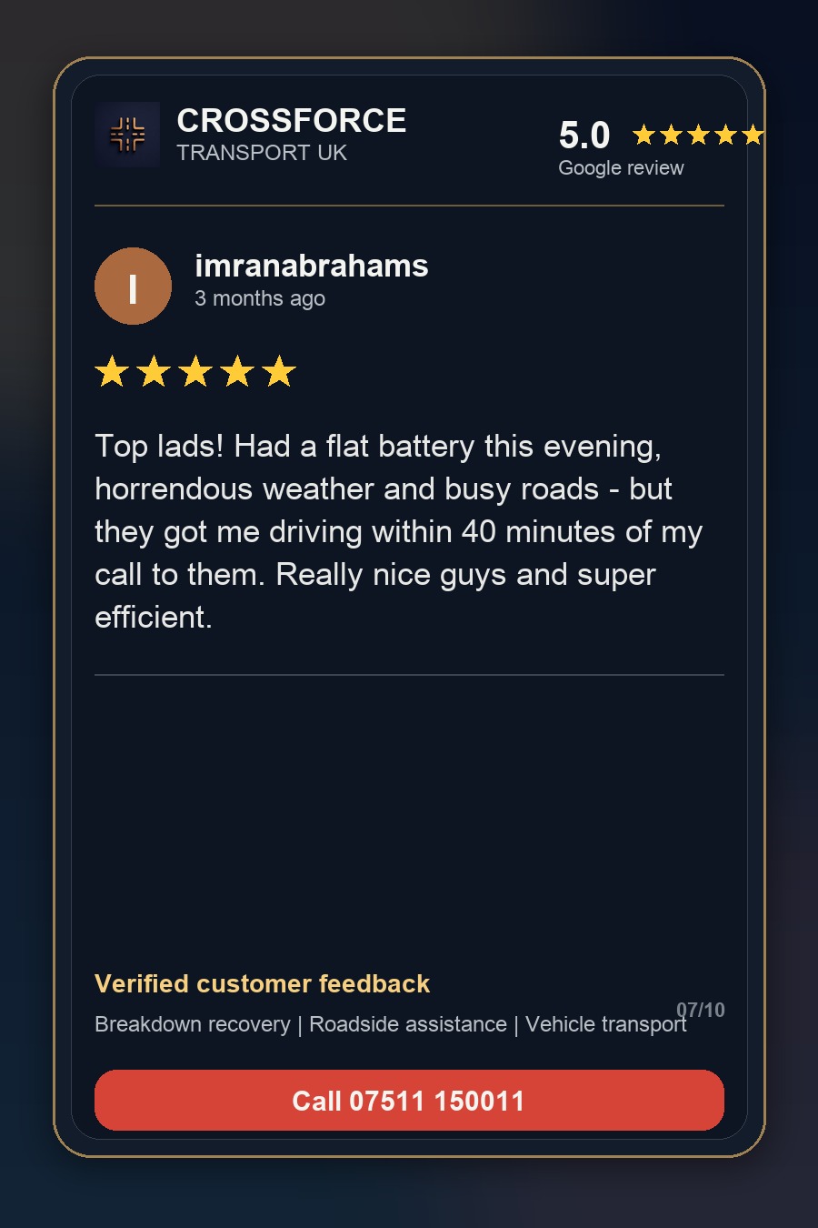 imranabrahams 5-star Google review for Crossforce Transport UK