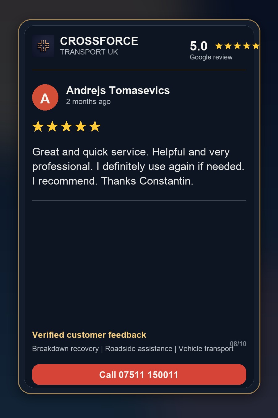 Andrejs Tomasevics 5-star Google review for Crossforce Transport UK