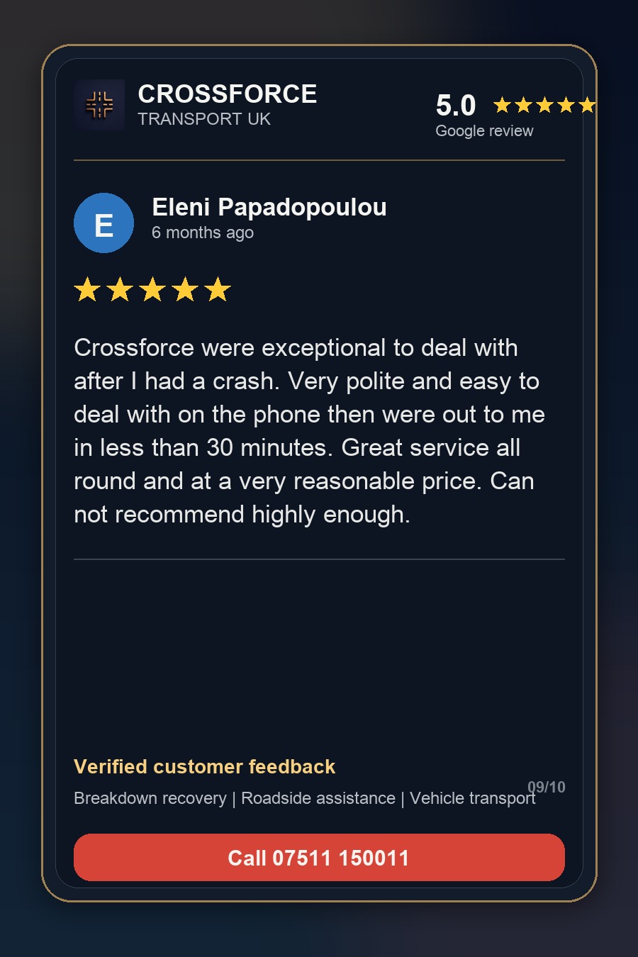 Eleni Papadopoulou 5-star Google review for Crossforce Transport UK