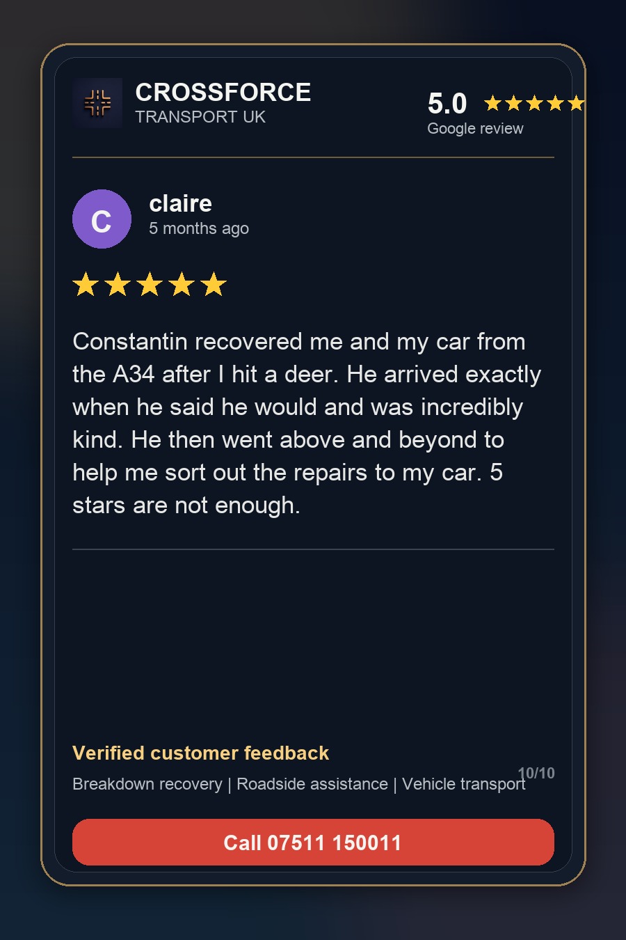 Claire 5-star Google review for Crossforce Transport UK